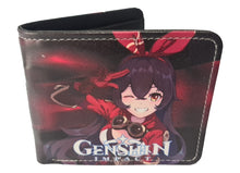 Load image into Gallery viewer, Free UK Royal Mail Tracked 24hr delivery. This premium PVC leather wallet is designed with a smooth finish. High-quality DTG design with striking colours. Two-part art piece showing two sets of anime art on each side of the wallet. Bi-fold closure, with Five card sections, One zip section, a photo ID section, and the main section. Excellent gift for any Genshin Impact fan.
