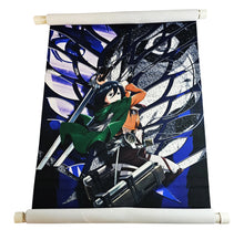 Load image into Gallery viewer, Free UK Royal Mail Tracked 24hr delivery. Beautiful crafted anime wall scroll of Mikasa Ackerman from the popular anime Attack On Titan. The scroll is made of premium Oxford fabric silk material. High-quality DTG print design. Easy assemble (Open, reveal, pull the string, and up you go). Excellent gift for any Demon Slayer fan. Size: 39cm x 74cm