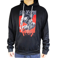 Load image into Gallery viewer, Free UK Royal Mail Tracked 24hr delivery. Cool design of Berserk "Guts" Anime hoodie. Premium DTG technology prints the design directly onto the hoodie which makes the design really stand out, easy to wash, and the colours will not fade or crack. The silken style of this polyester hoodie makes it lightweight and comfortable to wear. A large front pocket and an adjustable hood with drawstrings. Excellent gift for any Berserk fan.