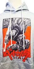 Load image into Gallery viewer, Free UK Royal Mail Tracked 24hr delivery. Cool design of Berserk "Guts" Anime hoodie. Premium DTG technology prints the design directly onto the hoodie which makes the design really stand out, easy to wash, and the colours will not fade or crack. The silken style of this polyester hoodie makes it lightweight and comfortable to wear. A large front pocket and an adjustable hood with drawstrings. Excellent gift for any Berserk fan.