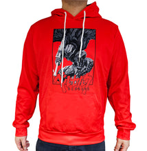 Load image into Gallery viewer, Free UK Royal Mail Tracked 24hr delivery. Cool design of Berserk "Guts" Anime hoodie. Premium DTG technology prints the design directly onto the hoodie which makes the design really stand out, easy to wash, and the colours will not fade or crack. The silken style of this polyester hoodie makes it lightweight and comfortable to wear. A large front pocket and an adjustable hood with drawstrings. Excellent gift for any Berserk fan.