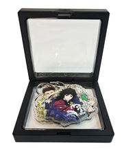 Load image into Gallery viewer, Cool set of Demon Slayer keychains - Hashiras Premium design DTG quality acrylic keyrings. The main acrylic panel stands at 6cm (approx), and 4mm (approx) thickness. 3 piece set, and packaged in a window display gift box. Keychain 1: Sanemi Shinazugawa Keychain 2: Giyu Tomioka Keychain 3: Gyomei Himejima Excellent gift for any Demon Slayer fan.