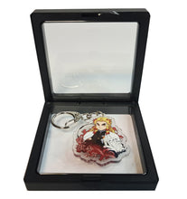 Load image into Gallery viewer, Free UK Royal Mail 24hr delivery  Demon Slayer Kyojuro Rengoku keychain.  Premium design DTG quality acrylic keyring packaged in a window display gift box.  The main acrylic panel of the keyring stands at 6cm (approx), and 4mm (approx) thickness.  Excellent gift for any Demon Slayer fan. 
