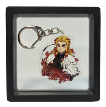 Load image into Gallery viewer, Free UK Royal Mail 24hr delivery  Demon Slayer Kyojuro Rengoku keychain.  Premium design DTG quality acrylic keyring packaged in a window display gift box.  The main acrylic panel of the keyring stands at 6cm (approx), and 4mm (approx) thickness.  Excellent gift for any Demon Slayer fan. 
