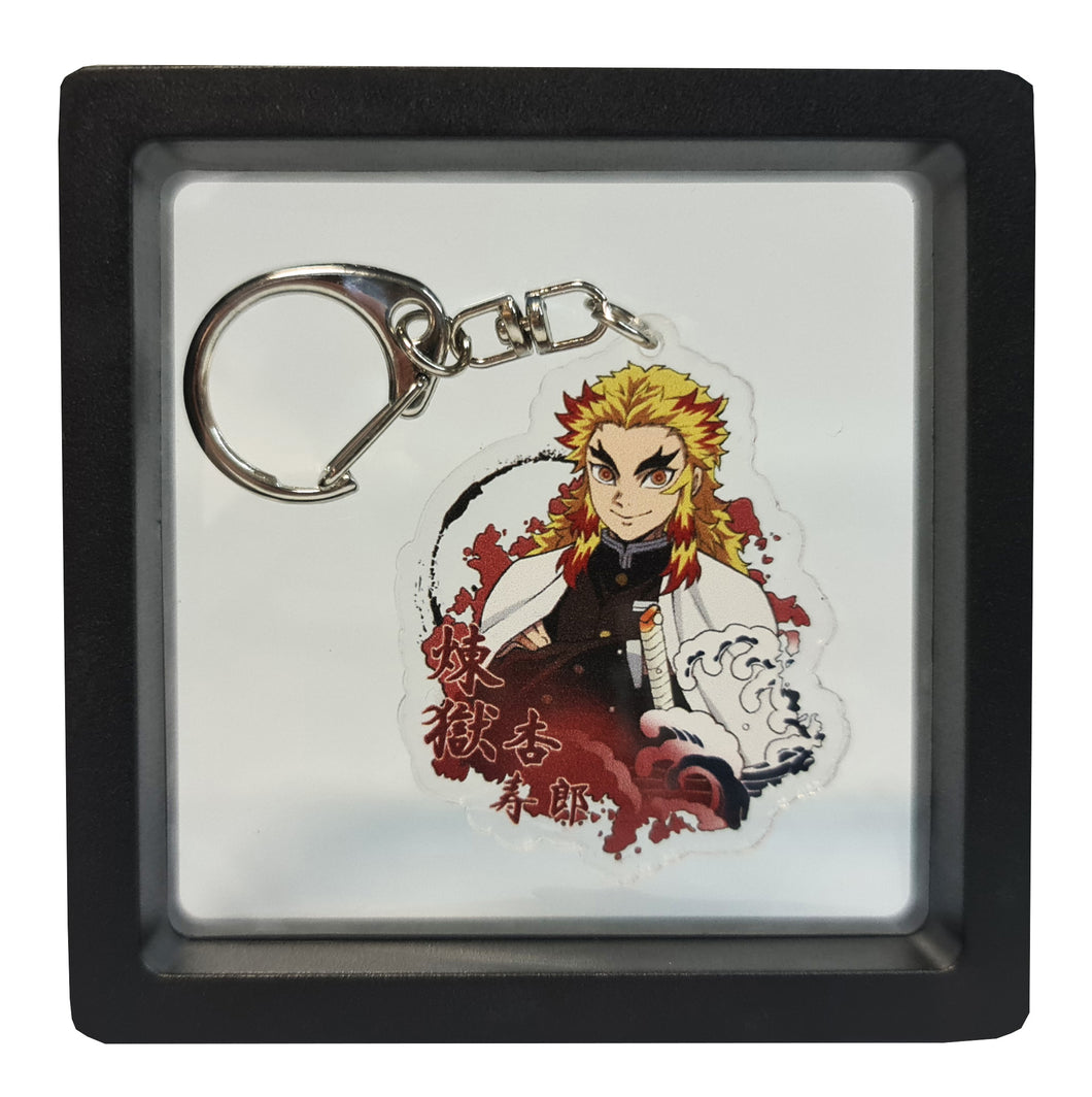 Free UK Royal Mail 24hr delivery  Demon Slayer Kyojuro Rengoku keychain.  Premium design DTG quality acrylic keyring packaged in a window display gift box.  The main acrylic panel of the keyring stands at 6cm (approx), and 4mm (approx) thickness.  Excellent gift for any Demon Slayer fan. 