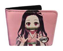 Load image into Gallery viewer, Free UK Royal Mail Tracked 24hr delivery. This premium PVC leather wallet is designed with a smooth finish. High-quality DTG design with striking colours. Two-part art piece showing two sets of anime art of Nezuko Kamado from the popular anime Demon Slayer. Bi-fold closure, with Five card sections, One zip section, a photo ID section, and the main section. Excellent gift for any Demon Slayer fan. Limited stock available.