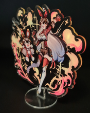 Load image into Gallery viewer, Free Royal Mail 24hr delivery Beautiful Acrylic stand of Amber and her doll (Baron bunny) from the popular open-world action role-playing game - "GENSHIN IMPACT". High-quality DTG print design showing Amber and her explosive doll posing elegantly in a fiery background. Height: 12.5cm x 15cm Thickness: 3mm