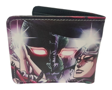 Load image into Gallery viewer, Free UK Royal Mail Tracked 24hr delivery.   This premium PVC leather wallet is designed with a smooth finish. High-quality DTG design with striking colours. Two-part art piece showing two sets of anime art on each side of the wallet. Cool design of JoJo&#39;s Bizarre Adventure (Jotaro Kujo).   Bi-fold closure, with Five card sections, One zip section, a photo ID section, and the main section.  Excellent gift for any JoJo&#39;s Bizarre Adventure fan.
