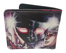 Load image into Gallery viewer, Free UK Royal Mail Tracked 24hr delivery. This premium PVC leather wallet is designed with a smooth finish. High-quality DTG design with striking colours. Two-part art piece showing two sets of anime art on each side of the wallet. Cool design of JoJo's Bizarre Adventure (Jotaro Kujo). Bi-fold closure, with Five card sections, One zip section, a photo ID section, and the main section. Excellent gift for any JoJo's Bizarre Adventure fan.