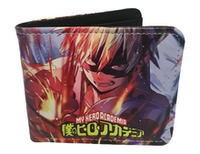 Load image into Gallery viewer, Free UK Royal Mail Tracked 24hr delivery. This premium PVC leather wallet is designed with a smooth finish. High-quality DTG design with striking colours. Two-part art piece showing two sets of anime art from the popular anime series My Hero Academia (Katsuki Bakugo). Bi-fold closure, with Five card sections, One zip section, a photo ID section, and the main section. Excellent gift for any My Hero Academia fan.
