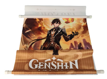 Load image into Gallery viewer, Free UK Royal Mail Tracked 24hr delivery.  Beautiful crafted Genshin Impact wall scroll showing Zhongli from the popular open-world action role-playing game. He is a polite consultant who is known to have bad spending habits but is very cool and reserved.  The scroll is made of premium Oxford fabric silk material. High-quality DTG print design.  Easy assemble (Open, reveal, pull the string, and up you go).  Excellent gift for any Genshin Impact fan.  Size: 39cm x 74cm