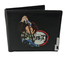 Load image into Gallery viewer, Free UK Royal Mail Tracked 24hr delivery.  This premium leather wallet is designed with a smooth finish. High-quality DTG design with striking colours, showing Tanjiro Kamado posing with his Katana, adapted from the popular anime Demon Slayer  Bi-fold closure, with Five card sections, a photo ID section, and the main section.  Excellent gift for any Demon Slayer fan.  Limited stock available.
