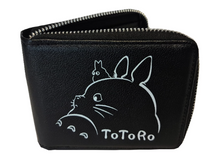 Load image into Gallery viewer, Free UK Royal Mail Tracked 24hr delivery. This premium PVC leather wallet is designed with a smooth finish. High-quality DTG design with striking colours. Two-part art piece showing two sets of anime art on each side of the wallet. Zip closure, with Five card sections, an internal zip section, a photo ID section, and the main section. Excellent gift for any My Neighbor Totoro fan. Limited stock available.