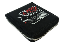 Load image into Gallery viewer, Free UK Royal Mail Tracked 24hr delivery. This premium PVC leather wallet is designed with a smooth finish. High-quality DTG design with striking colours. Two-part art piece showing two sets of anime art on each side of the wallet. Zip closure, with Five card sections, an internal zip section, a photo ID section, and the main section. Excellent gift for any Attack on Titan fan. Limited stock available.