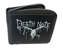 Load image into Gallery viewer, Free UK Royal Mail Tracked 24hr delivery. This premium PVC leather wallet is designed with a smooth finish. High-quality DTG design with striking colours. Two-part art piece showing two sets of anime art on each side of the wallet. Zip closure, with Five card sections, an internal zip section, a photo ID section, and the main section. Excellent gift for any Death Note fan. Limited stock available.