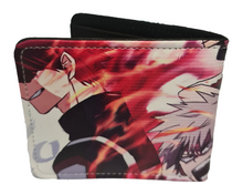 Load image into Gallery viewer, Free UK Royal Mail Tracked 24hr delivery. This premium PVC leather wallet is designed with a smooth finish. High-quality DTG design with striking colours. Two-part art piece showing two sets of anime art from the popular anime series My Hero Academia. Bi-fold closure, with Five card sections, One zip section, a photo ID section, and the main section. Excellent gift for any My Hero Academia fan. Limited stock available.