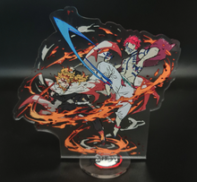 Load image into Gallery viewer, Free Royal Mail 24hr delivery Striking Demon Slayer anime acrylic stand of the famous battle between Kyōjurō Rengoku and Akaza from the popular anime series Demon Slayer. Adapted from the Demon Slayer movie - "Mugen Train". High-quality DTG print design showing the pair in battle. Height: 13cm x 15cm Thickness: 3mm Excellent gift for any Demon Slayer fan.