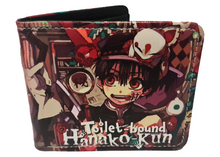 Load image into Gallery viewer, Free UK Royal Mail Tracked 24hr delivery. This premium PVC leather wallet is designed with a smooth finish. High-quality DTG design with striking colours. Two-part art piece showing two sets of anime art from the popular anime series Toilet-bound Hanako-kun. Bi-fold closure, with Five card sections, One zip section, a photo ID section, and the main section. Excellent gift for any Toilet-bound Hanako-kun fan. Limited stock available.