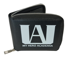 Load image into Gallery viewer, Free UK Royal Mail Tracked 24hr delivery. This premium PVC leather wallet is designed with a smooth finish. High-quality DTG design with striking colours. Two-part art piece showing two sets of anime art on each side of the wallet. Zip closure, with Five card sections, an internal zip section, a photo ID section, and the main section. Excellent gift for any My Hero Academia fan. Limited stock available.