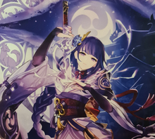 Load image into Gallery viewer, Free UK Royal Mail Tracked 24hr delivery. Beautiful crafted Genshin Impact wall scroll showing Raiden Shogun from the popular open-world action role-playing game. She is the exalted ruler of Inazuma and the power of thunder incarnate. The scroll is made of premium Oxford fabric silk material. High-quality DTG print design. Easy assemble (Open, reveal, pull the string, and up you go). Excellent gift for any Genshin Impact fan. Size: 39cm x 74cm