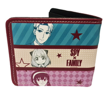 Load image into Gallery viewer, Free UK Royal Mail Tracked 24hr delivery.  This premium PVC leather wallet is designed with a smooth finish. High-quality DTG design with striking colours. Two-part art piece showing two sets of anime art on each side of the wallet adapted from the popular anime SPY×FAMILY.  Bi-fold closure, with Five card sections, One zip section, a photo ID section, and the main section.  Excellent gift for any SPY×FAMILY fan.  Limited stock available.
