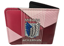 Load image into Gallery viewer, Free UK Royal Mail Tracked 24hr delivery. This premium PVC leather wallet is designed with a smooth finish. High-quality DTG design with striking colours. Two-part art piece showing two sets of anime art of Mikasa Ackerman from the popular anime Attack On Titan. Bi-fold closure, with Five card sections, One zip section, a photo ID section, and the main section. Excellent gift for any Attack On Titan fan.