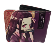 Load image into Gallery viewer, Free UK Royal Mail Tracked 24hr delivery.  This premium PVC leather wallet is designed with a smooth finish. High-quality DTG design with striking colours. Two-part art piece showing two sets of anime art of Nezuko Kamado from the popular anime Demon Slayer.  Bi-fold closure, with Five card sections, One zip section, a photo ID section, and the main section.  Excellent gift for any Demon Slayer fan.  Limited stock available.
