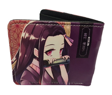 Load image into Gallery viewer, Free UK Royal Mail Tracked 24hr delivery. This premium PVC leather wallet is designed with a smooth finish. High-quality DTG design with striking colours. Two-part art piece showing two sets of anime art of Nezuko Kamado from the popular anime Demon Slayer. Bi-fold closure, with Five card sections, One zip section, a photo ID section, and the main section. Excellent gift for any Demon Slayer fan. Limited stock available.