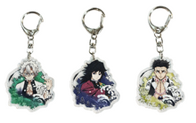 Load image into Gallery viewer, Cool set of Demon Slayer keychains - Hashiras Premium design DTG quality acrylic keyrings. The main acrylic panel stands at 6cm (approx), and 4mm (approx) thickness. 3 piece set, and packaged in a window display gift box. Keychain 1: Sanemi Shinazugawa Keychain 2: Giyu Tomioka Keychain 3: Gyomei Himejima Excellent gift for any Demon Slayer fan.