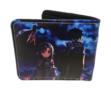 Load image into Gallery viewer, Free UK Royal Mail Tracked 24hr delivery. This premium PVC leather wallet is designed with a smooth finish. High-quality DTG design with striking colours. Two-part art piece showing two sets of anime art from the popular anime series Sword Art Online (Characters: Kirito and Asuna). Bi-fold closure, with Five card sections, One zip section, a photo ID section, and the main section. Excellent gift for any Sword Art Online fan. Limited stock available.