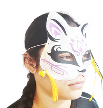 Load image into Gallery viewer, Free UK Royal Mail 24hr delivery.  Free Royal Mail Tracked 48hr delivery  Beautiful design Japanese fox mask, inspired by the popular anime Demon Slayer.  The mask is made from PVC plastic, with beautiful ribbons, and a lucky bell charm attached.  Excellent for Cosplay/Halloween events  Size: Unisex adult (With elastic ribbon attached).
