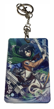 Load image into Gallery viewer, Free UK Royal Mail 24hr delivery Beautiful crafted Attack On Titan Card holder with keyring. DTG high quality design of Mikasa, adapted from the popular anime Attack On Titan. The card holder is made of High-quality PVC plastic with a smooth matt finish. The card holder can be used for storing bank cards/student cards/and other ID cards. Size: 6.7cm x 11cm (Approx) Can store up to three regular size credit cards. Excellent gift for any Attack On Titan fan.