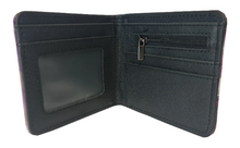 Load image into Gallery viewer, Free UK Royal Mail Tracked 24hr delivery. This premium PVC leather wallet is designed with a smooth finish. High-quality DTG design with striking colours. Two-part art piece showing two sets of anime art on each side of the wallet. Cool design of JoJo's Bizarre Adventure (Jotaro Kujo). Bi-fold closure, with Five card sections, One zip section, a photo ID section, and the main section. Excellent gift for any JoJo's Bizarre Adventure fan.