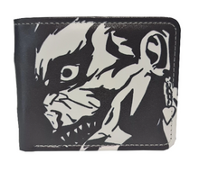 Load image into Gallery viewer, Free UK Royal Mail Tracked 24hr delivery.  This premium PVC leather wallet is designed with a smooth finish. High-quality DTG design with striking colours. Two-part art piece showing two sets of anime art on each side of the wallet. Cool design of Death Note (Ryuk).  Bi-fold closure, with Five card sections, One zip section, a photo ID section, and the main section.  Excellent gift for any Death Note fan.
