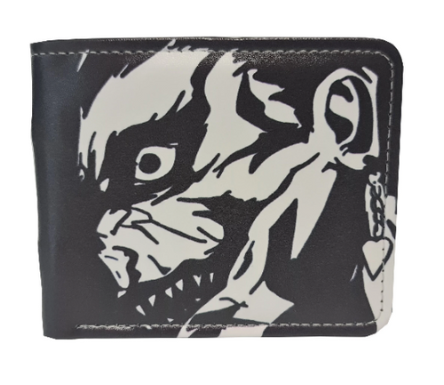 Free UK Royal Mail Tracked 24hr delivery.  This premium PVC leather wallet is designed with a smooth finish. High-quality DTG design with striking colours. Two-part art piece showing two sets of anime art on each side of the wallet. Cool design of Death Note (Ryuk).  Bi-fold closure, with Five card sections, One zip section, a photo ID section, and the main section.  Excellent gift for any Death Note fan.