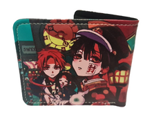 Load image into Gallery viewer, Free UK Royal Mail Tracked 24hr delivery. This premium PVC leather wallet is designed with a smooth finish. High-quality DTG design with striking colours. Two-part art piece showing two sets of anime art from the popular anime series Toilet-bound Hanako-kun. Bi-fold closure, with Five card sections, One zip section, a photo ID section, and the main section. Excellent gift for any Toilet-bound Hanako-kun fan. Limited stock available.