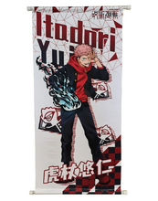 Load image into Gallery viewer, Free UK Royal Mail Tracked 24hr delivery.  Beautiful crafted Jujutsu Kaisen wall scroll showing the main protagonist of the anime series.  The scroll is made of premium Oxford fabric silk material. High-quality DTG print design.  Easy assemble (Open, reveal, pull the string, and up you go).  Excellent gift for any Jujutsu Kaisen fan.  Size: 39cm x 74cm
