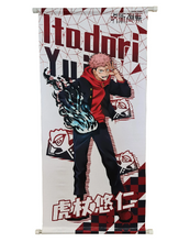Load image into Gallery viewer, Free UK Royal Mail Tracked 24hr delivery. Beautiful crafted Jujutsu Kaisen wall scroll showing the main protagonist of the anime series. The scroll is made of premium Oxford fabric silk material. High-quality DTG print design. Easy assemble (Open, reveal, pull the string, and up you go). Excellent gift for any Jujutsu Kaisen fan. Size: 39cm x 74cm