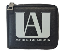 Load image into Gallery viewer, Free UK Royal Mail Tracked 24hr delivery. This premium PVC leather wallet is designed with a smooth finish. High-quality DTG design with striking colours. Two-part art piece showing two sets of anime art on each side of the wallet. Zip closure, with Five card sections, an internal zip section, a photo ID section, and the main section. Excellent gift for any My Hero Academia fan. Limited stock available.