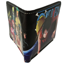 Load image into Gallery viewer, Free UK Royal Mail Tracked 24hr delivery.  This premium PVC leather wallet is designed with a smooth finish. High-quality DTG design with striking colours. Two-part art piece showing two sets of anime art on each side of the wallet.  Bi-fold closure, with Five card sections, One zip section, a photo ID section, and the main section.  Excellent gift for any ONE PIECE fan.  Limited stock available.

