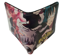 Load image into Gallery viewer, Free UK Royal Mail Tracked 24hr delivery. This premium PVC leather wallet is designed with a smooth finish. High-quality DTG design with striking colours. Two-part art piece showing two sets of anime art from the popular anime series My Hero Academia. Bi-fold closure, with Five card sections, One zip section, a photo ID section, and the main section. Excellent gift for any My Hero Academia fan. Limited stock available.