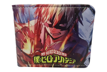 Load image into Gallery viewer, Free UK Royal Mail Tracked 24hr delivery. This premium PVC leather wallet is designed with a smooth finish. High-quality DTG design with striking colours. Two-part art piece showing two sets of anime art from the popular anime series My Hero Academia (Katsuki Bakugo). Bi-fold closure, with Five card sections, One zip section, a photo ID section, and the main section. Excellent gift for any My Hero Academia fan.