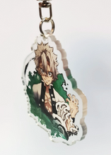 Load image into Gallery viewer, Cool set of Demon Slayer keychains - Hashiras Premium design DTG quality acrylic keyrings. The main acrylic panel stands at 6cm (approx), and 4mm (approx) thickness. 3 piece set, and packaged in a window display gift box. Keychain 1: Sanemi Shinazugawa Keychain 2: Giyu Tomioka Keychain 3: Gyomei Himejima Excellent gift for any Demon Slayer fan.