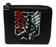 Load image into Gallery viewer, Free UK Royal Mail Tracked 24hr delivery.  This premium PVC leather wallet is designed with a smooth finish. High-quality DTG design with striking colours. Two-part art piece showing two sets of anime art on each side of the wallet.  Zip closure, with Five card sections, an internal zip section, a photo ID section, and the main section.  Excellent gift for any Attack on Titan fan.  Limited stock available.

