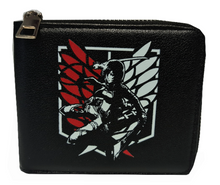 Load image into Gallery viewer, Free UK Royal Mail Tracked 24hr delivery. This premium PVC leather wallet is designed with a smooth finish. High-quality DTG design with striking colours. Two-part art piece showing two sets of anime art on each side of the wallet. Zip closure, with Five card sections, an internal zip section, a photo ID section, and the main section. Excellent gift for any Attack on Titan fan. Limited stock available.