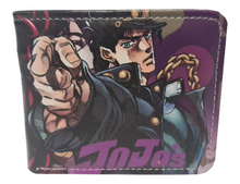 Load image into Gallery viewer, Free UK Royal Mail Tracked 24hr delivery. This premium PVC leather wallet is designed with a smooth finish. High-quality DTG design with striking colours. Two-part art piece showing two sets of anime art on each side of the wallet. Cool design of JoJo's Bizarre Adventure (Jotaro Kujo). Bi-fold closure, with Five card sections, One zip section, a photo ID section, and the main section. Excellent gift for any JoJo's Bizarre Adventure fan.