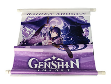 Load image into Gallery viewer, Free UK Royal Mail Tracked 24hr delivery. Beautiful crafted Genshin Impact wall scroll showing Raiden Shogun from the popular open-world action role-playing game. She is the exalted ruler of Inazuma and the power of thunder incarnate. The scroll is made of premium Oxford fabric silk material. High-quality DTG print design. Easy assemble (Open, reveal, pull the string, and up you go). Excellent gift for any Genshin Impact fan. Size: 39cm x 74cm