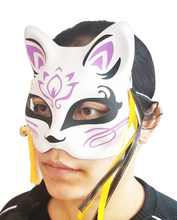 Load image into Gallery viewer, Free UK Royal Mail 24hr delivery. Free Royal Mail Tracked 48hr delivery Beautiful design Japanese fox mask, inspired by the popular anime Demon Slayer. The mask is made from PVC plastic, with beautiful ribbons, and a lucky bell charm attached. Excellent for Cosplay/Halloween events Size: Unisex adult (With elastic ribbon attached).