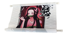 Load image into Gallery viewer, Free UK Royal Mail Tracked 24hr delivery.  Beautiful crafted Demon Slayer anime wall scroll of Nezuko Kamado from the popular anime Demon Slayer.  The scroll is made of premium Oxford fabric silk material. High-quality DTG print design.  Easy assemble (Open, reveal, pull the string, and up you go).  Excellent gift for any Demon Slayer fan.  Size: 39cm x 74cm
