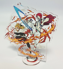 Load image into Gallery viewer, Free Royal Mail 24hr delivery Striking Demon Slayer anime acrylic stand of the famous battle between Kyōjurō Rengoku and Akaza from the popular anime series Demon Slayer. Adapted from the Demon Slayer movie - "Mugen Train". High-quality DTG print design showing the pair in battle. Height: 13cm x 15cm Thickness: 3mm Excellent gift for any Demon Slayer fan.
